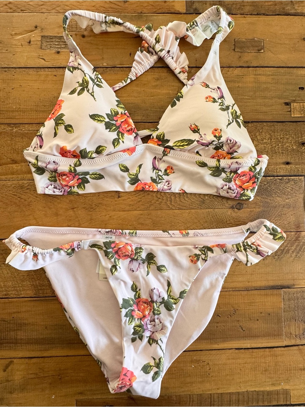 aerie Floral Ruffle Crossback Bikini Set - White with Multi-Color Roses